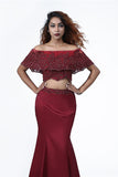 Elegant Mermaid Off the Shoulder Two Pieces Beades Burgundy Prom Dress P1465