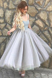 Elegant A Line Spaghetti Straps Sweetheart Tulle Grey Tea Length Homecoming Dresses uk PH944