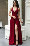 Charming A Line V Neck Burgundy Satin Prom Dresses, Simple Evening Dresses P1414