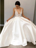 Simple A-Line Deep V Neck Satin Ivory Wedding Dress with Lace Appliques W1197