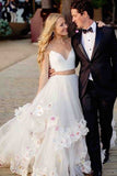 Stylish A-Line Two Piece Spaghetti Straps V-Neck Tulle Long Wedding Dresses with Flowers PH289