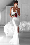 Mermaid Deep V-Neck Criss-Cross Straps Split Sweep Train White Lace Prom Dresses uk PM283