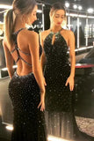 Sexy Black Mermaid Prom Dresses Chiffon Beading Halter Evening Dresses P1517