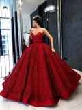 Sparkly Ball Gown Burgundy Strapless Sweetheart Prom Dress Long Quinceanera Dress P1384