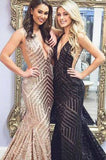 Sexy Deep V-Neck Rose Gold Sequins Mermaid Black Long Backless Prom Dresses UK PH425