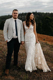 Princess Mermaid V-Neck Lace Appliques Ivory Wedding Dress W1205