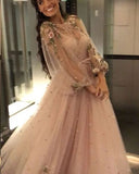 Sparkly Long Sleeves Beading Prom Dress with Hand Made Flowers Long Dance Dress P1411