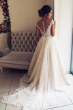 Chiffon Ivory Beads A Line Cap Sleeve Lace V-Neck Wedding Dresses