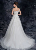 Off the Shoulder Tulle Wedding Dress with Lace Applique A Line Long Bridal Dress W1138