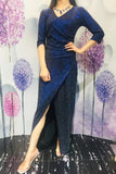 Unique 3/4 Sleeves Mermaid Pleated Split Dark Navy Blue V-Neck Long Prom Dresses XU90820