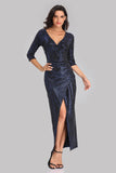 Unique 3/4 Sleeves Mermaid Pleated Split Dark Navy Blue V-Neck Long Prom Dresses XU90820