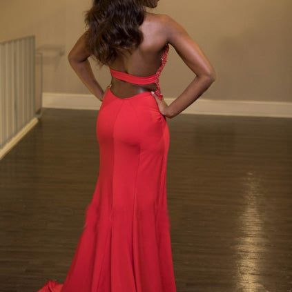 Red Chiffon Halter Lace Long Slit Evening Dresses Prom Dresses