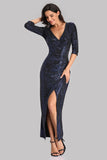 Unique 3/4 Sleeves Mermaid Pleated Split Dark Navy Blue V-Neck Long Prom Dresses XU90820