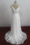 Cheap Sweetheart Beading Cap Sleeve Beads Chiffon A-Line Open Back Ruffles Wedding Dress PM863