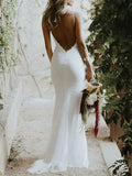 Backless Mermaid Spaghetti Straps Lace Backless Wedding Dress Beach Bridal Dress W1115