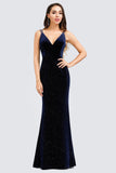 Spaghetti Straps V-Neck Velvet Dark Navy Blue Mermaid Evening Dresses P1183