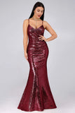 Sexy Spaghetti Straps Burgundy Sequins V-Neck Party Dress Mermaid Prom Dress P1170