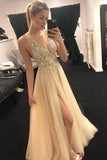 Elegant A Line V Neck Open Back Split Yellow Beaded Long Tulle Prom Dress,Evening Dresses PW214