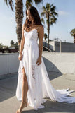 A-line Spaghetti Strap White Lace Chiffon Sweetheart Backless Beach Wedding Dresses PM881