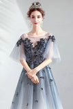 A Line Half Sleeves Tulle Long Ombre Prom Dress with Appliques Blue Evening Dress P1246