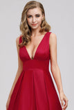 A Line Satin Red Deep V-Neck Backless Prom Dress Dance Dress P1189