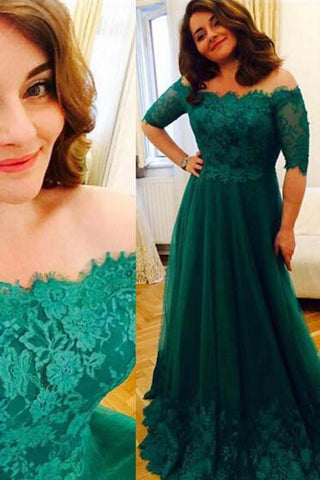 A-line Off-the-Shoulder Floor-Length Tulle with Appliques Lace Half Sleeve Prom Dresses uk PM623