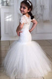 Long Short Sleeves Mermaid Lace Appliques Tulle Flower Girl Dress Wedding Party Dress PW119