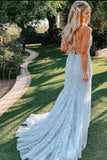 Mermaid Spaghetti Straps Light Blue Prom Dresses with Appliques Evening Dresses P1350