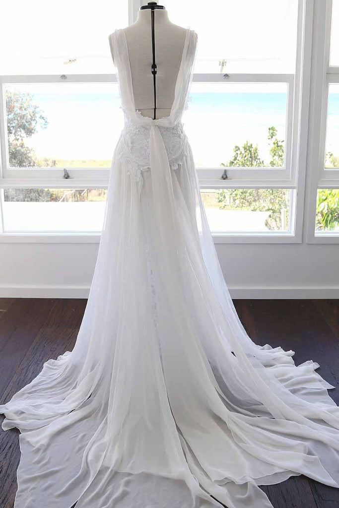 A-line Spaghetti Strap White Lace Chiffon Sweetheart Backless Beach Wedding Dresses PM881