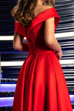 A Line Party Dresses Satin Red Off-the-Shoulder Prom Dresses With Front Split PD0238