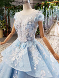 Princess Light Blue Ball Gown Cap Sleeve 3D Flowers Prom Dresses P1133