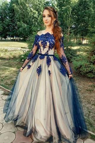 Unique Long Sleeve Off the Shoulder Tulle Long Prom Dresses, Appliques Blue Party Dresses P1238