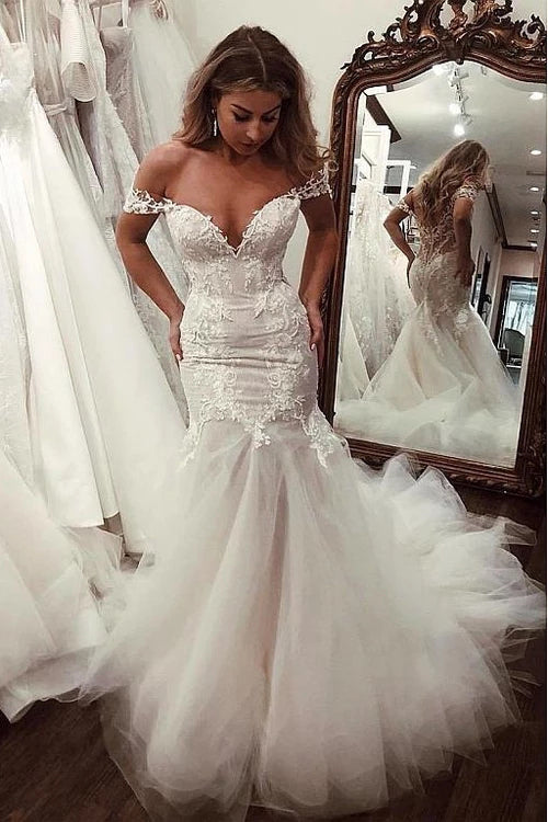Off the Shoulder Mermaid Tulle Wedding Dresses Lace Appliques Bridal Gown PW448
