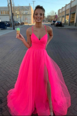 Simple A Line Spaghetti Straps Tulle V Neck Prom Dresses with Slit, Evening Dresses PD18