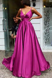 Simple A Line Spaghetti Straps V Neck Satin Backless Prom Dresses, Party Dresses P1493