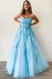 Unique A Line Sky Blue Tulle Appliques Beads Scoop Prom Dress with Lace up P1486