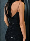 Mermaid Spaghetti Straps Floor-Length Black Sequined Evening dresses P999