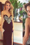Sexy V-Neck Floor Length Long Backless Strapless Tulle with Slit Beading Prom Dresses PM195
