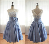 Elegant Lace Bowknot Scalloped-Edge Knee-Length Blue Homecoming Dress