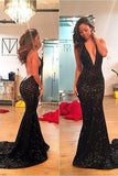 Black Mermaid Backless Sexy Open Back Sequins Deep V-Neck Halter Prom Dresses PM175