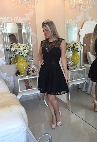 A Line Black Lace Cute Scoop Cap Sleeve Open Back Homecoming Dress