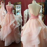 A Line Pink Sleeveless Lace Appliques Backless Prom Dess