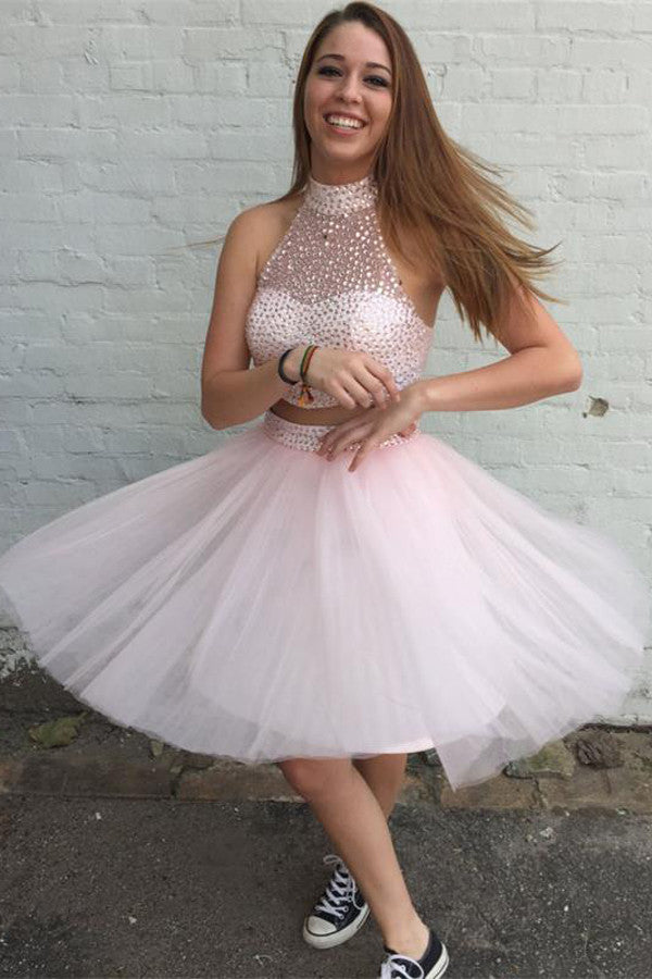 Two Pieces Pretty Sexy Charming Beading Halter Tulle Blush Pink Homecoming Dresses H97