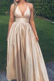 Sexy V-Neck Champagne Open Back Prom Dresses