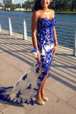 Mermaid Sweetheart Lace Spaghetti Straps Blue Appliques Long Prom Dress