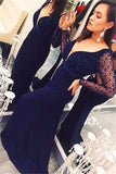 Crystal Mermaid Long-Sleeves Dark-Navy Deep-V-Neck Open-Back Prom Dress