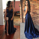 Dark Navy Deep V-Neck Split Long Train Prom Dress