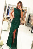 Dark Green Open Back Sequins Split Long Prom Dresses Bridesmaid Dresses