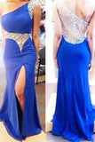 Gorgeous Royal Blue One Shoulder Crystal With Slit Floor Length Prom Dresses