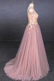 Elegant Pink V-Neck Sleeveless Tulle Prom Dress with Appliques A Line Tulle Evening Dress P1252